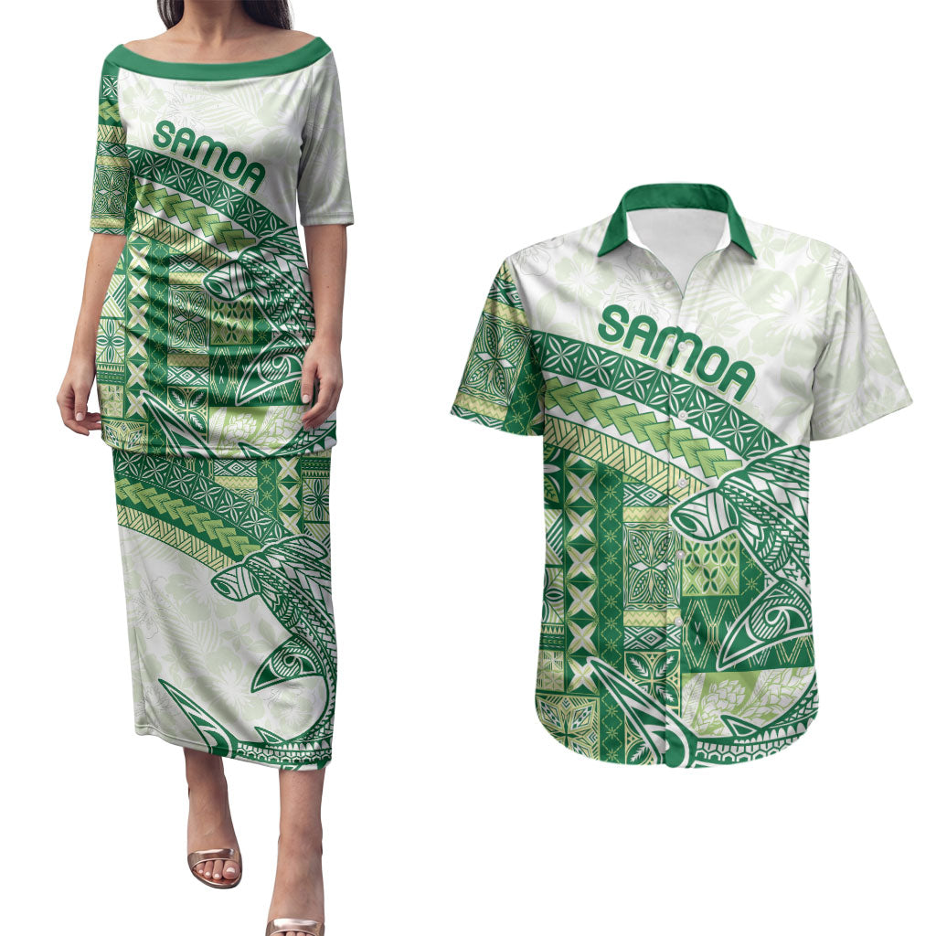 Samoa Mamanu Siapo Forest Green Couples Matching Puletasi and Hawaiian Shirt Tatau Malie