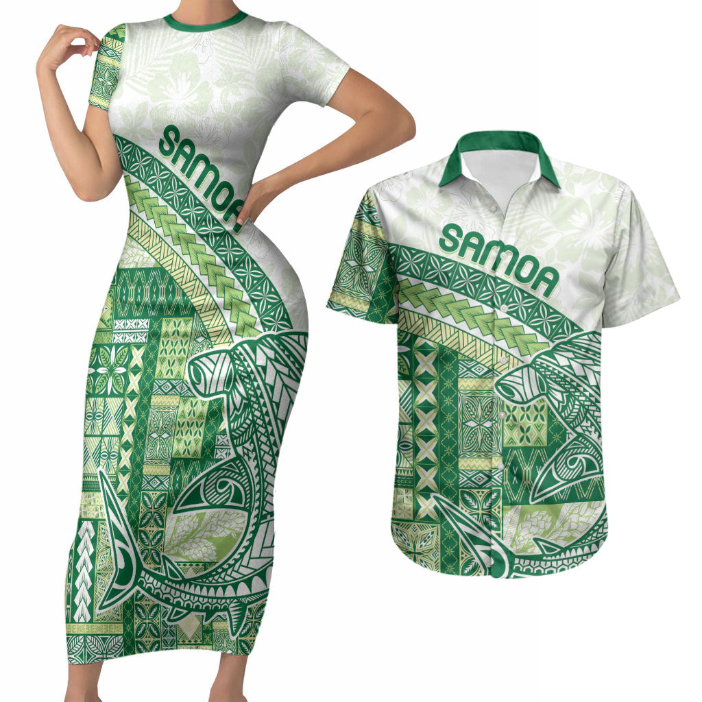 Samoa Mamanu Siapo Forest Green Couples Matching Short Sleeve Bodycon Dress and Hawaiian Shirt Tatau Malie