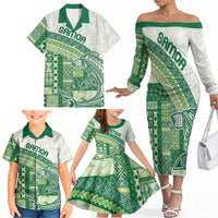 Samoa Mamanu Siapo Forest Green Family Matching Off The Shoulder Long Sleeve Dress and Hawaiian Shirt Tatau Malie