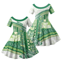 Samoa Mamanu Siapo Forest Green Family Matching Off The Shoulder Long Sleeve Dress and Hawaiian Shirt Tatau Malie