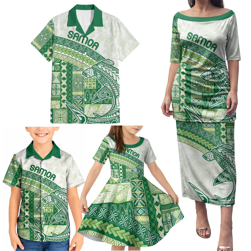Samoa Mamanu Siapo Forest Green Family Matching Puletasi and Hawaiian Shirt Tatau Malie