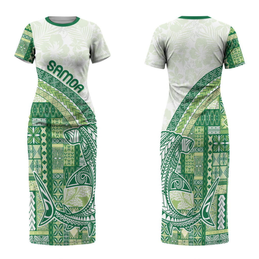Samoa Mamanu Siapo Forest Green Family Matching Short Sleeve Bodycon Dress and Hawaiian Shirt Tatau Malie