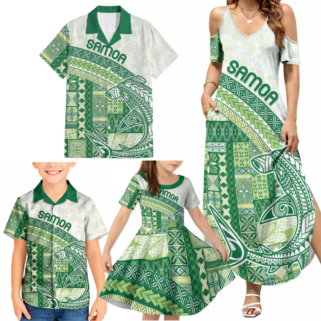 Samoa Mamanu Siapo Forest Green Family Matching Summer Maxi Dress and Hawaiian Shirt Tatau Malie