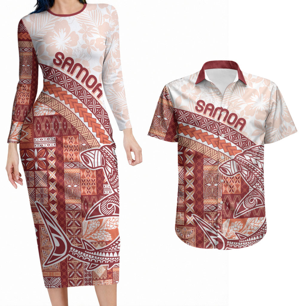 Samoa Mamanu Siapo Crimson Couples Matching Long Sleeve Bodycon Dress and Hawaiian Shirt Tatau Malie LT7 Red - Polynesian Pride