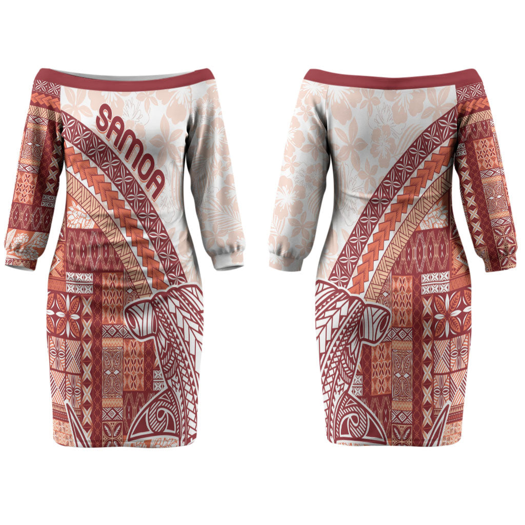 Samoa Mamanu Siapo Crimson Couples Matching Off The Shoulder Long Sleeve Dress and Long Sleeve Button Shirt Tatau Malie