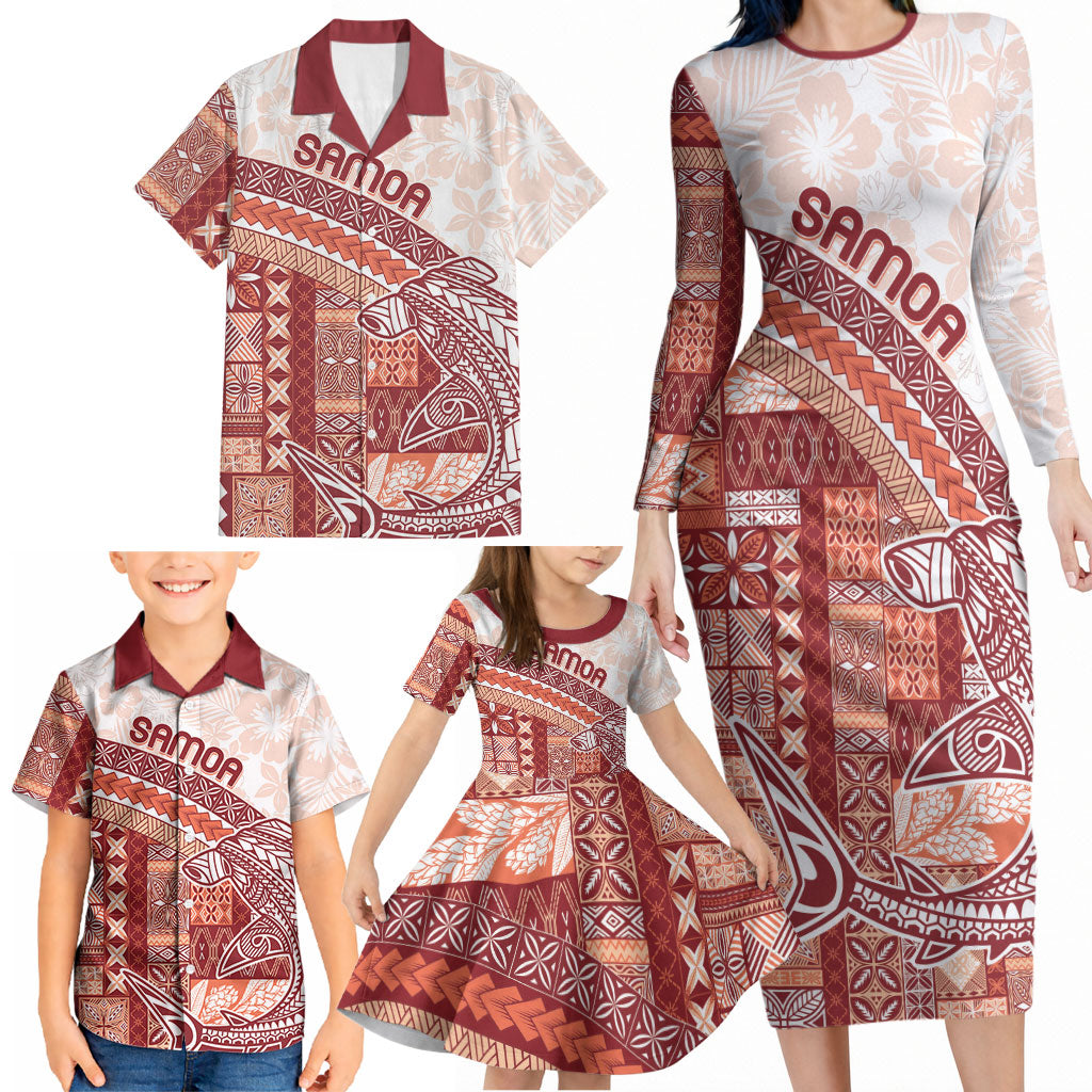 Samoa Mamanu Siapo Crimson Family Matching Long Sleeve Bodycon Dress and Hawaiian Shirt Tatau Malie LT7 - Polynesian Pride
