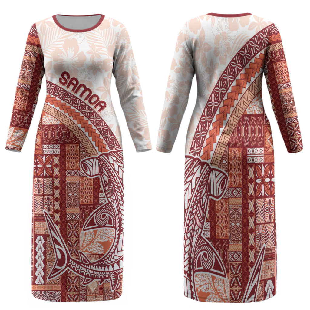 Samoa Mamanu Siapo Crimson Family Matching Long Sleeve Bodycon Dress and Hawaiian Shirt Tatau Malie LT7 Mom's Dress Red - Polynesian Pride