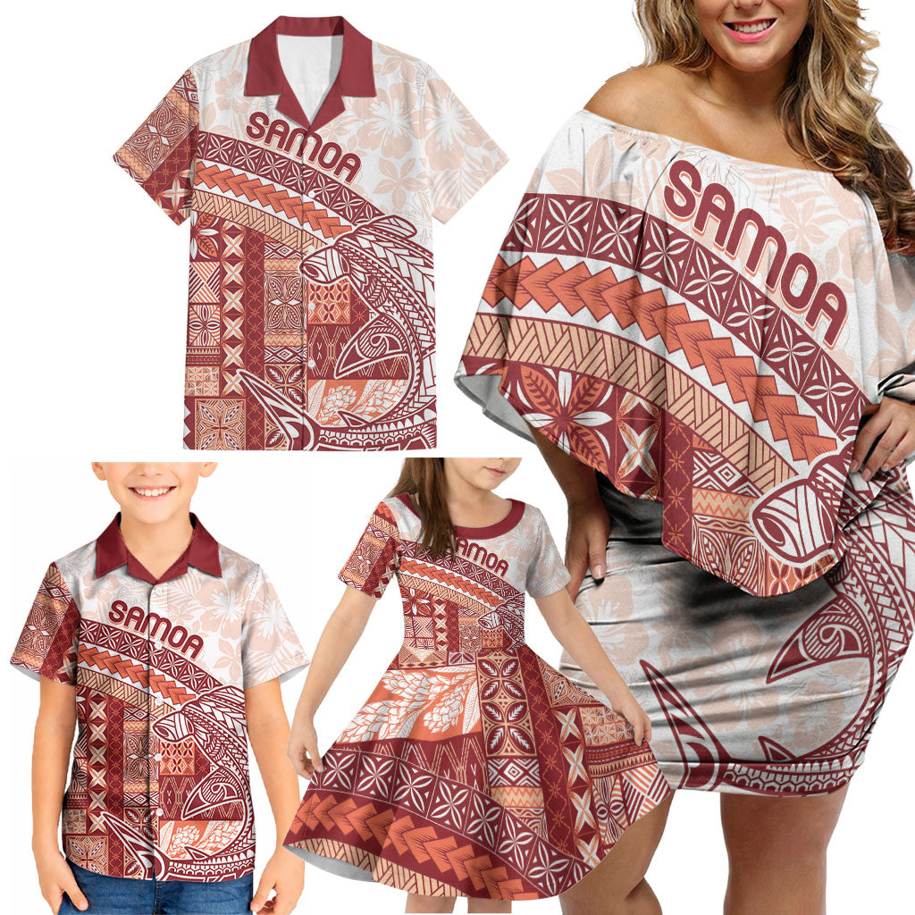 Samoa Mamanu Siapo Crimson Family Matching Off Shoulder Short Dress and Hawaiian Shirt Tatau Malie