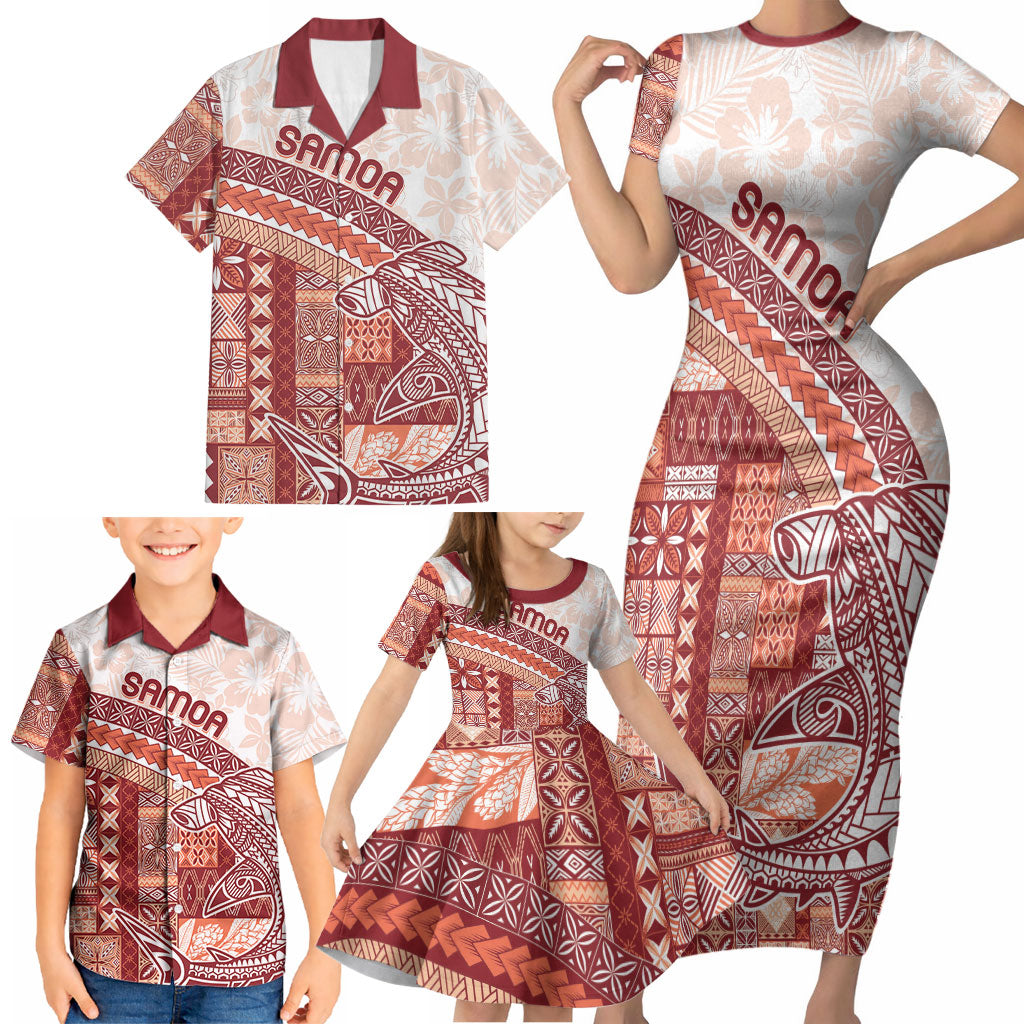 Samoa Mamanu Siapo Crimson Family Matching Short Sleeve Bodycon Dress and Hawaiian Shirt Tatau Malie LT7 - Polynesian Pride