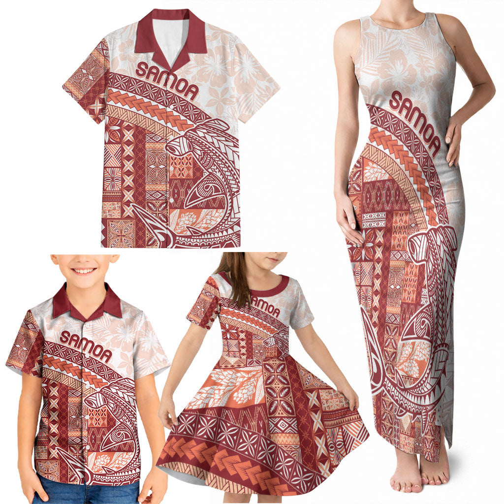 Samoa Mamanu Siapo Crimson Family Matching Tank Maxi Dress and Hawaiian Shirt Tatau Malie