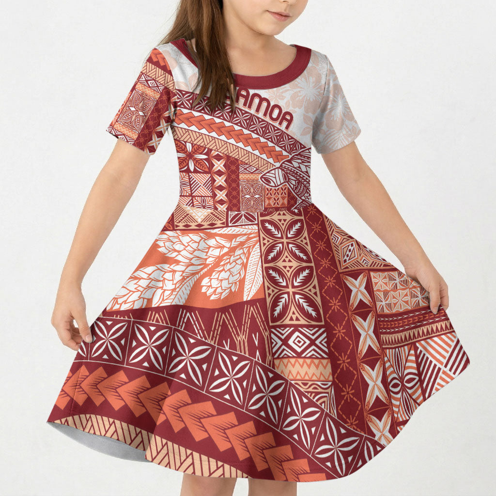 Samoa Mamanu Siapo Crimson Kid Short Sleeve Dress Tatau Malie