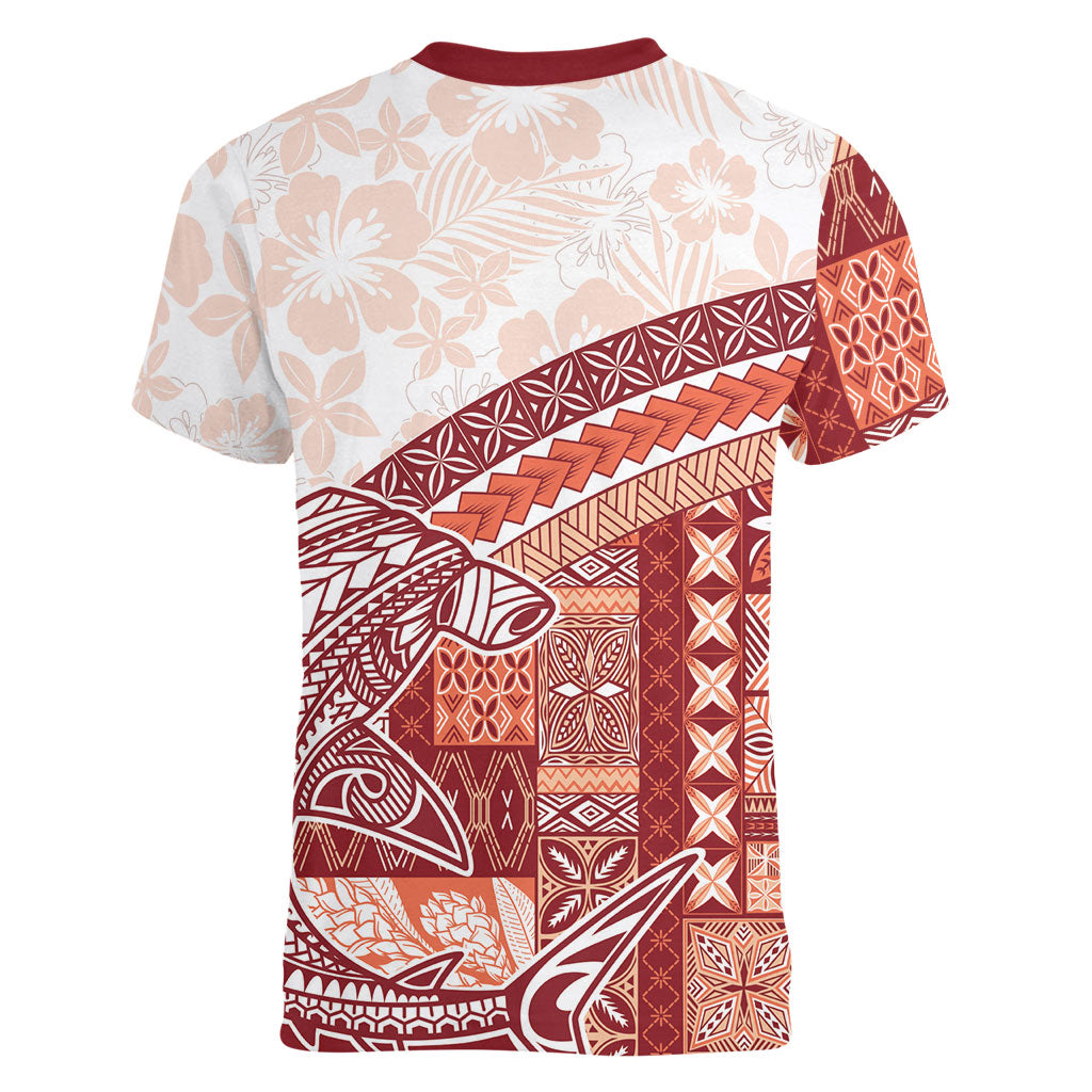 Samoa Mamanu Siapo Crimson Women V-Neck T-Shirt Tatau Malie LT7 - Polynesian Pride