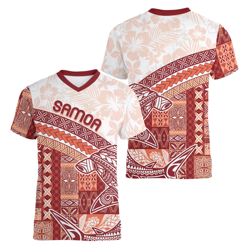 Samoa Mamanu Siapo Crimson Women V-Neck T-Shirt Tatau Malie LT7 - Polynesian Pride