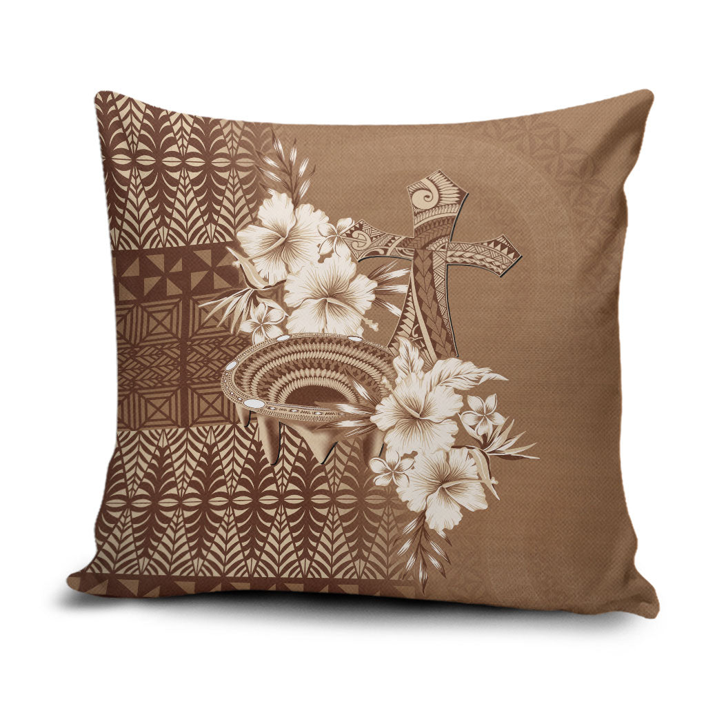 Tonga Ngatu Kupesi Brown Tapa Pillow Cover Koe Otua Mo Tonga Ko Hoku Tofia LT7 Mocha - Polynesian Pride