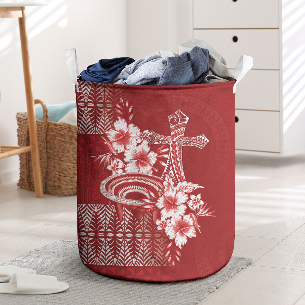 Tonga Ngatu Kupesi Royal Red Laundry Basket Koe Otua Mo Tonga Ko Hoku Tofia