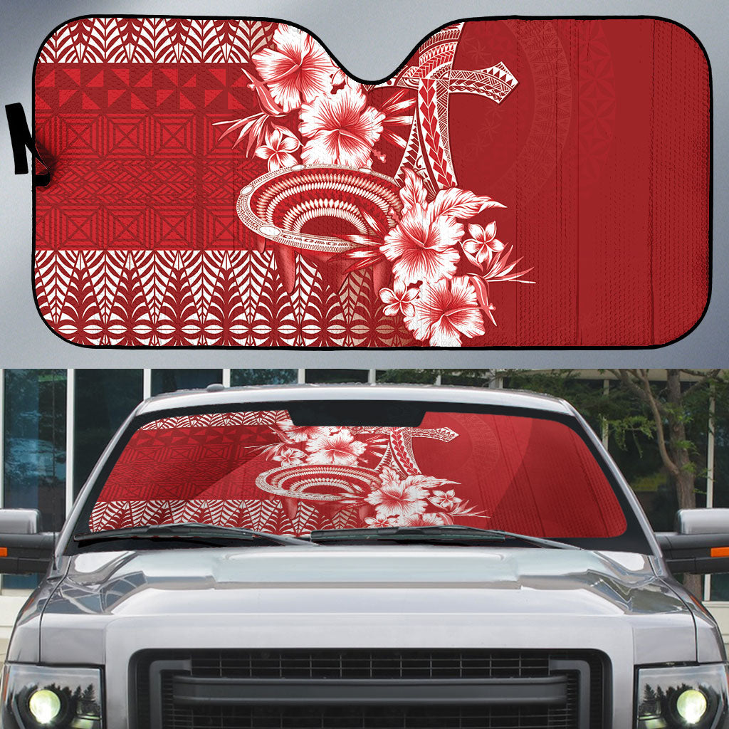 Tonga Ngatu Kupesi Royal Red Auto Sun Shade Koe Otua Mo Tonga Ko Hoku Tofia