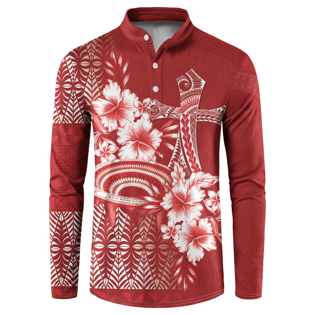Tonga Ngatu Kupesi Royal Red Button Sweatshirt Koe Otua Mo Tonga Ko Hoku Tofia LT7 Red - Polynesian Pride