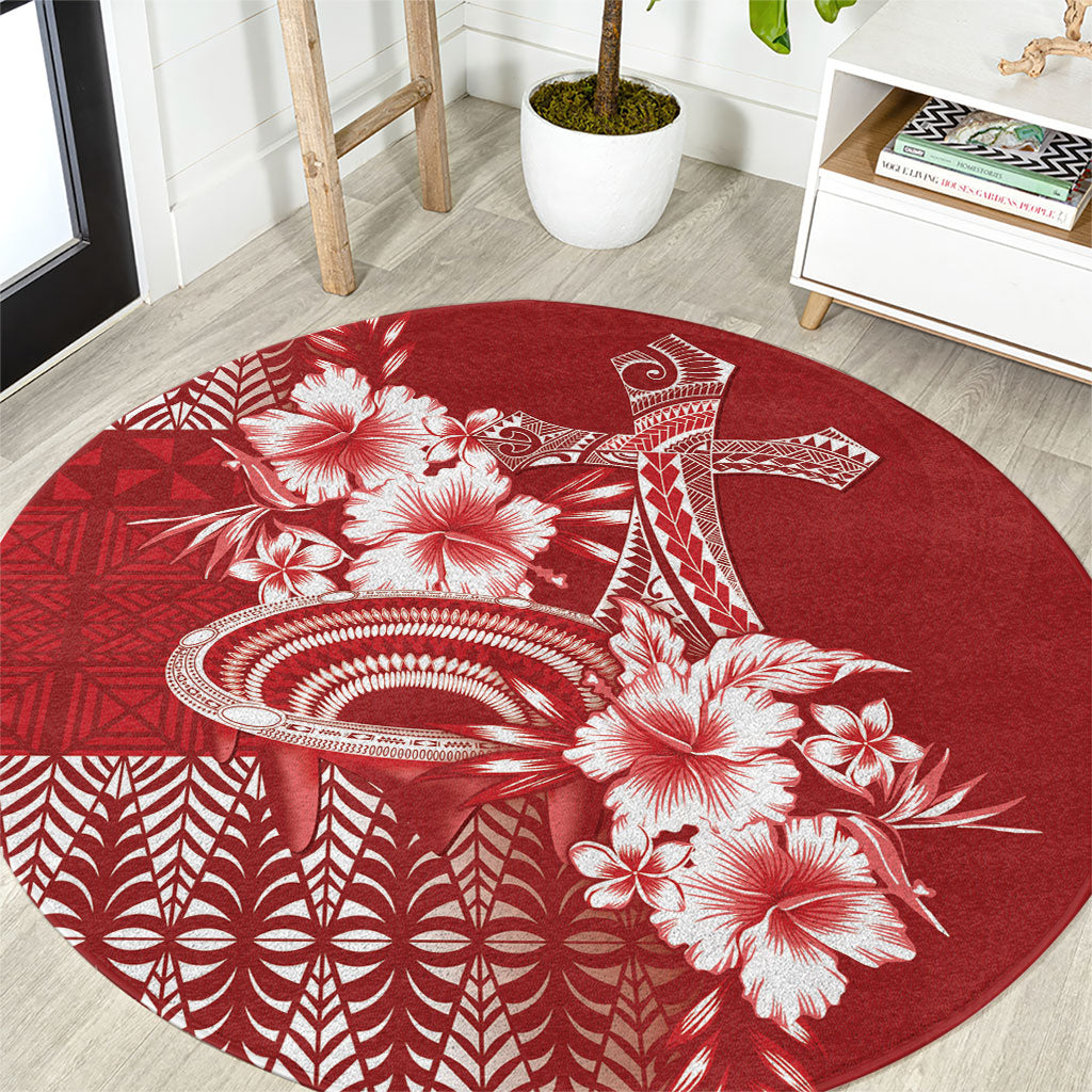 Tonga Ngatu Kupesi Royal Red Round Carpet Koe Otua Mo Tonga Ko Hoku Tofia