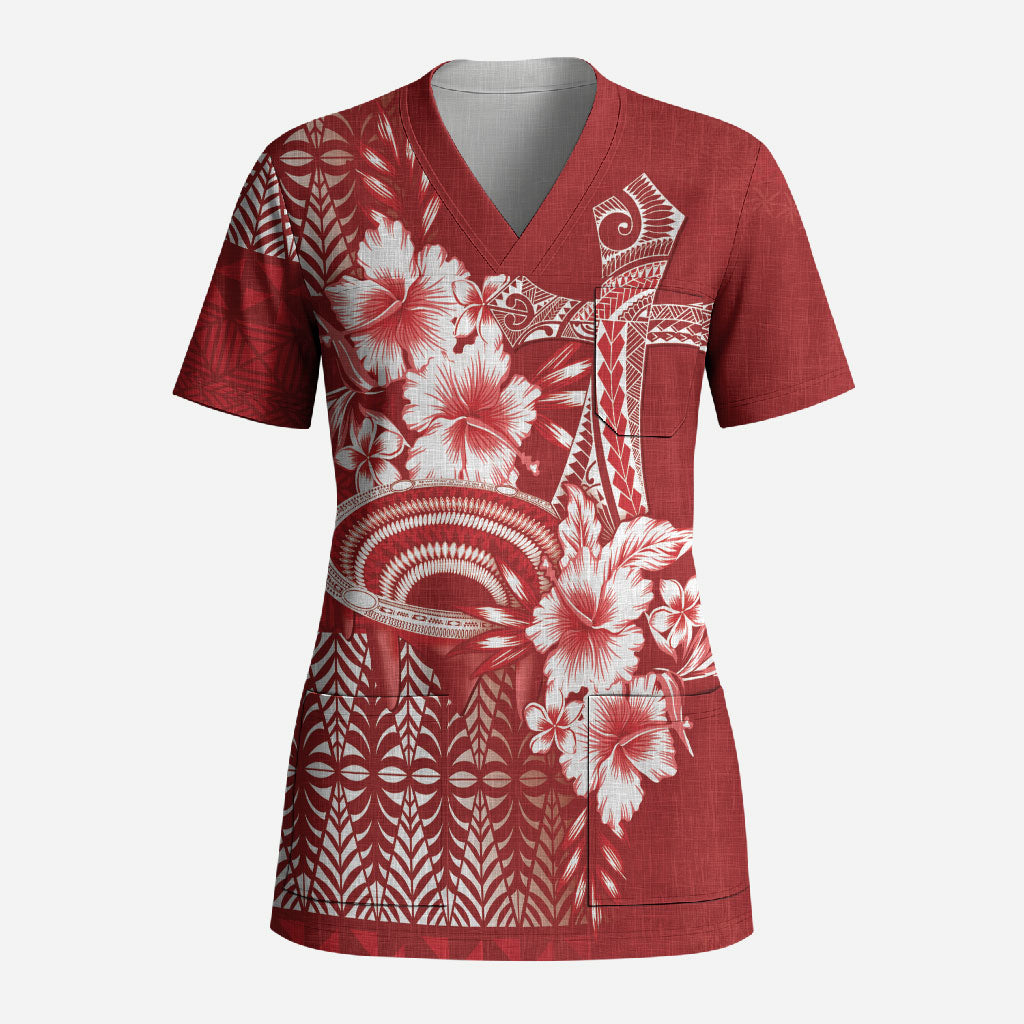 Tonga Ngatu Kupesi Royal Red Scrub Top Koe Otua Mo Tonga Ko Hoku Tofia