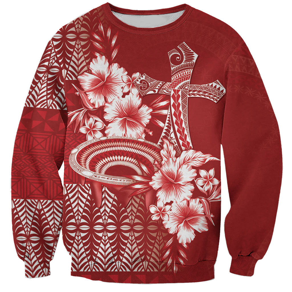 Tonga Ngatu Kupesi Royal Red Sweatshirt Koe Otua Mo Tonga Ko Hoku Tofia LT7 Unisex Red - Polynesian Pride