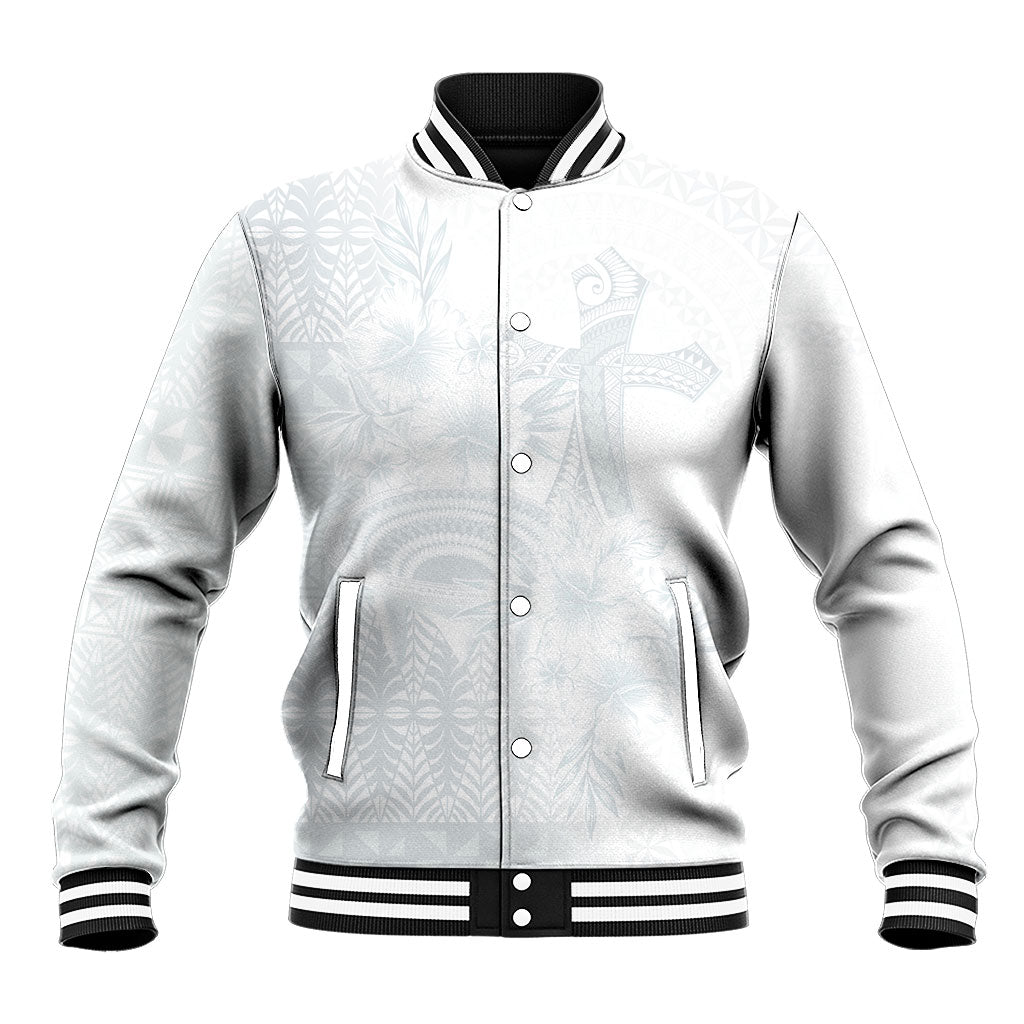 Tonga Ngatu Kupesi White Sunday Fakame Baseball Jacket Koe Otua Mo Tonga Ko Hoku Tofia LT7 Unisex White - Polynesian Pride
