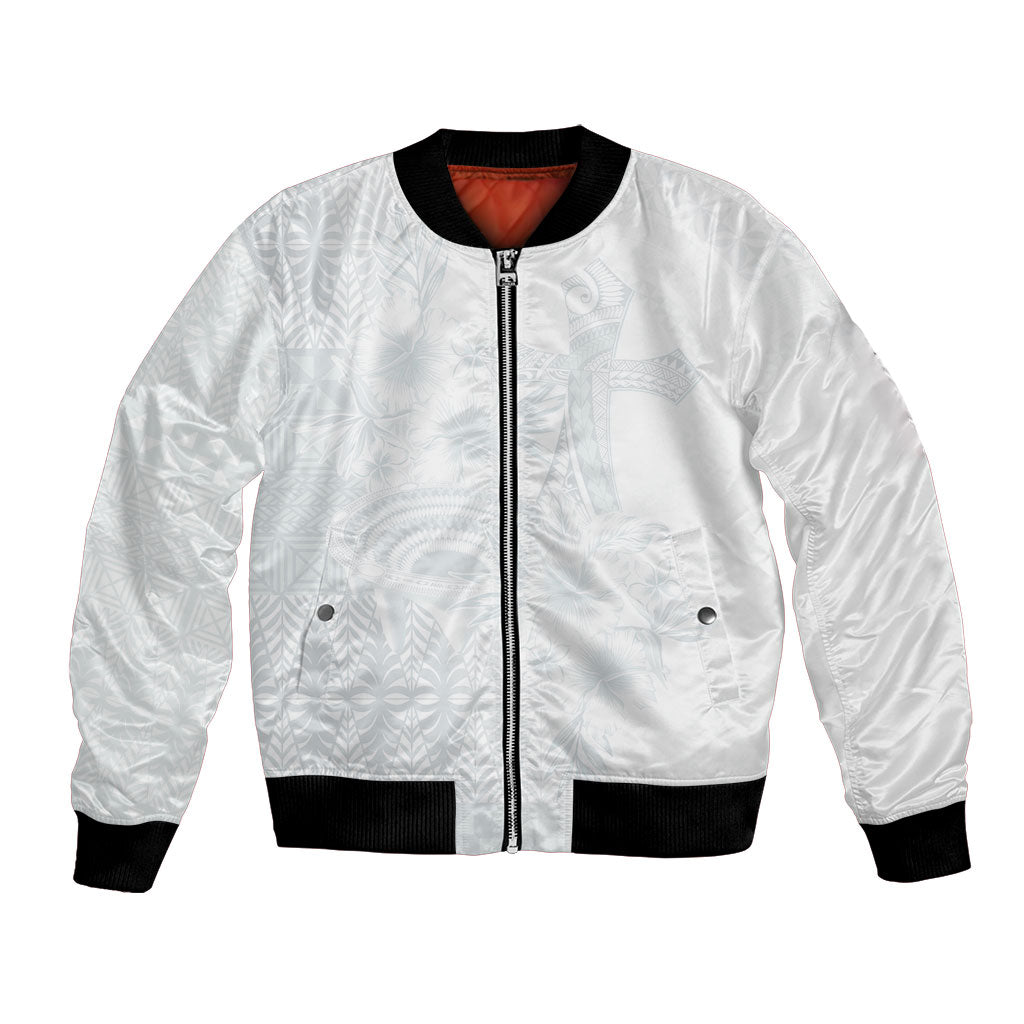 Tonga Ngatu Kupesi White Sunday Fakame Bomber Jacket Koe Otua Mo Tonga Ko Hoku Tofia