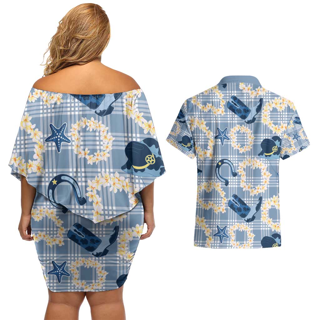 Aloha Hawaii Paniolo Jeans Palaka Couples Matching Off Shoulder Short Dress and Hawaiian Shirt Coastal Rodeo - Polynesian Pride