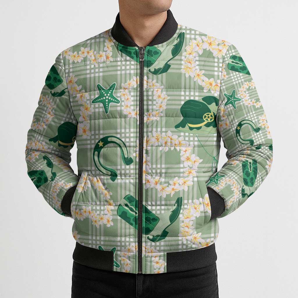 Aloha Hawaii Paniolo Mint Palaka Bomber Puffer Jacket Coastal Rodeo - Polynesian Pride