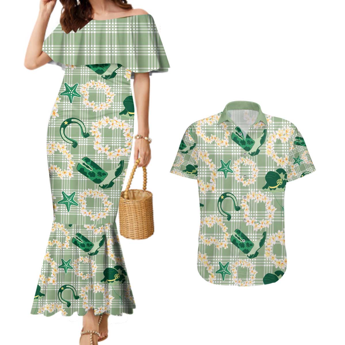 Aloha Hawaii Paniolo Mint Palaka Couples Matching Mermaid Dress and Hawaiian Shirt Coastal Rodeo - Polynesian Pride