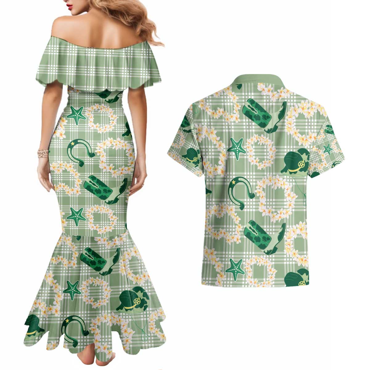 Aloha Hawaii Paniolo Mint Palaka Couples Matching Mermaid Dress and Hawaiian Shirt Coastal Rodeo - Polynesian Pride