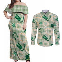 Aloha Hawaii Paniolo Mint Palaka Couples Matching Off Shoulder Maxi Dress and Long Sleeve Button Shirt Coastal Rodeo - Polynesian Pride