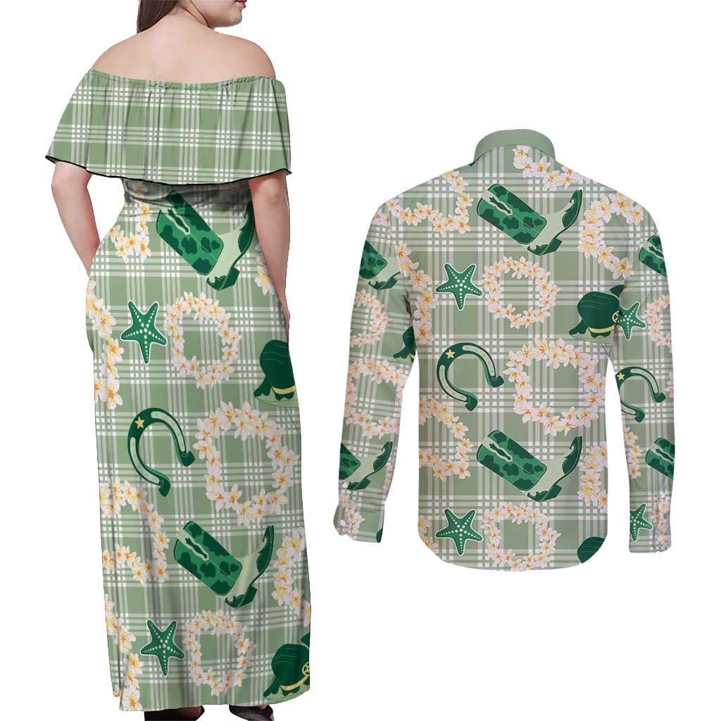 Aloha Hawaii Paniolo Mint Palaka Couples Matching Off Shoulder Maxi Dress and Long Sleeve Button Shirt Coastal Rodeo - Polynesian Pride