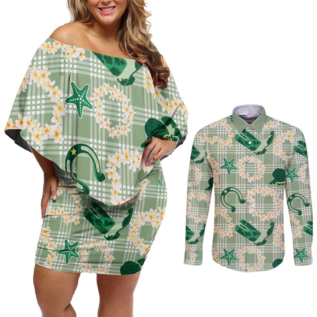 Aloha Hawaii Paniolo Mint Palaka Couples Matching Off Shoulder Short Dress and Long Sleeve Button Shirt Coastal Rodeo - Polynesian Pride
