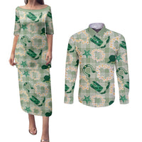 Aloha Hawaii Paniolo Mint Palaka Couples Matching Puletasi and Long Sleeve Button Shirt Coastal Rodeo - Polynesian Pride