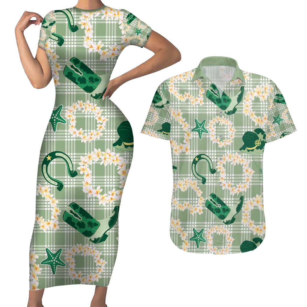 Aloha Hawaii Paniolo Mint Palaka Couples Matching Short Sleeve Bodycon Dress and Hawaiian Shirt Coastal Rodeo - Polynesian Pride