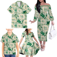 Aloha Hawaii Paniolo Mint Palaka Family Matching Off The Shoulder Long Sleeve Dress and Hawaiian Shirt Coastal Rodeo - Polynesian Pride