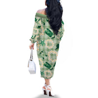 Aloha Hawaii Paniolo Mint Palaka Family Matching Off The Shoulder Long Sleeve Dress and Hawaiian Shirt Coastal Rodeo - Polynesian Pride