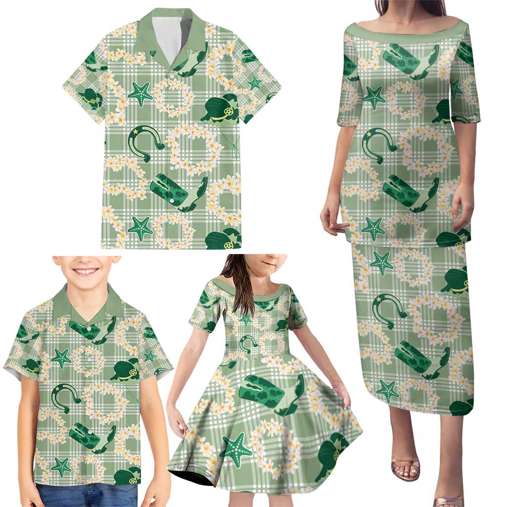 Aloha Hawaii Paniolo Mint Palaka Family Matching Puletasi and Hawaiian Shirt Coastal Rodeo - Polynesian Pride