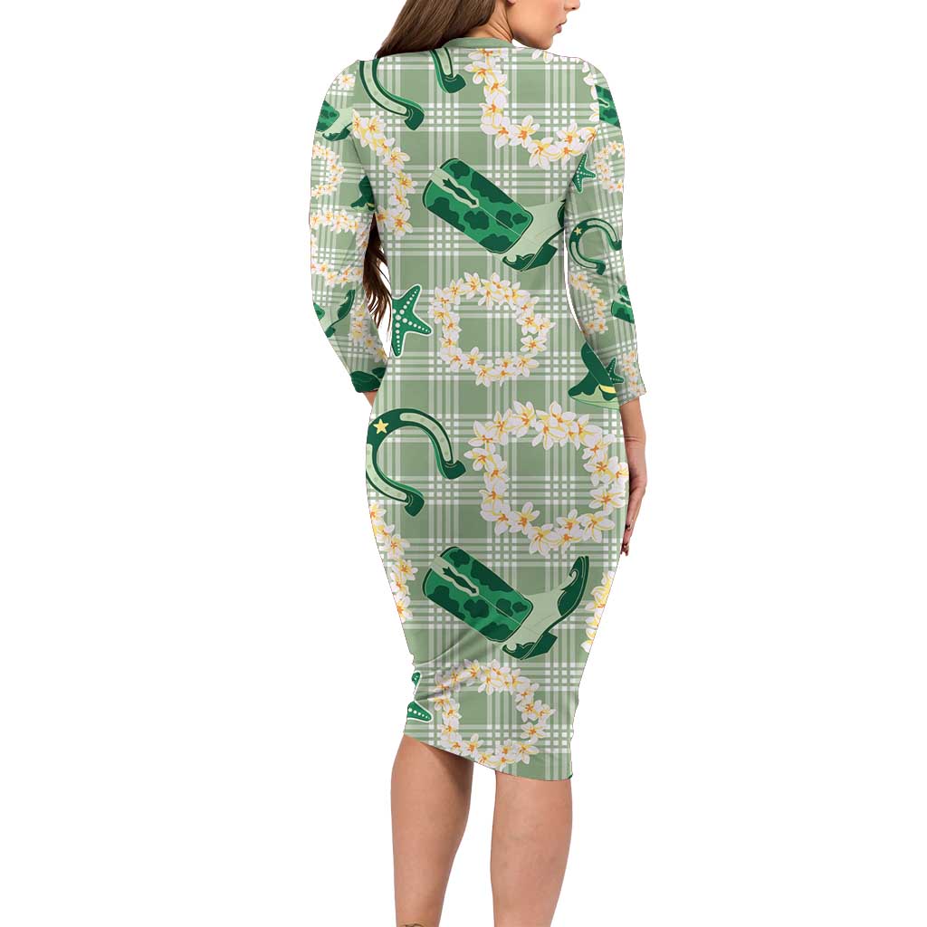 Aloha Hawaii Paniolo Mint Palaka Long Sleeve Bodycon Dress Coastal Rodeo - Polynesian Pride