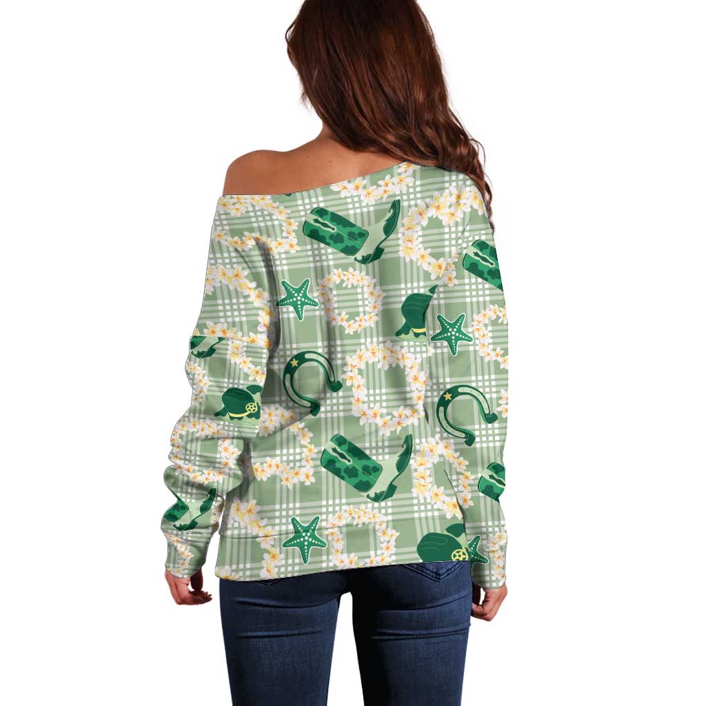 Aloha Hawaii Paniolo Mint Palaka Off Shoulder Sweater Coastal Rodeo - Polynesian Pride
