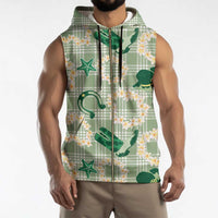 Aloha Hawaii Paniolo Mint Palaka Sleeveless Zip Hoodie Coastal Rodeo - Polynesian Pride