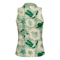 Aloha Hawaii Paniolo Mint Palaka Women Sleeveless Polo Shirt Coastal Rodeo - Polynesian Pride