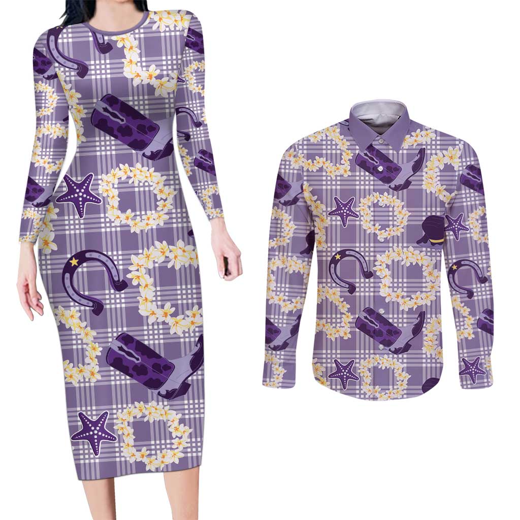Aloha Hawaii Paniolo Lavender Palaka Couples Matching Long Sleeve Bodycon Dress and Long Sleeve Button Shirt Coastal Rodeo - Polynesian Pride