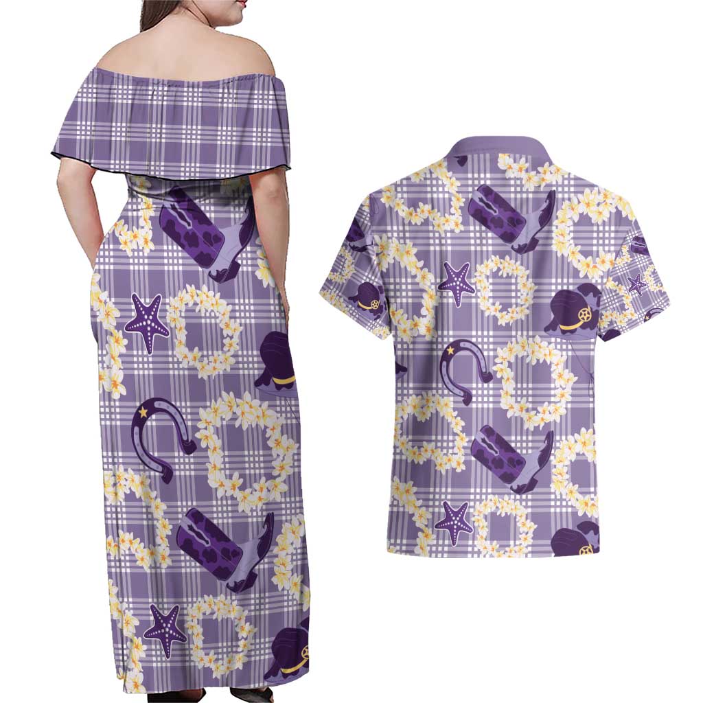Aloha Hawaii Paniolo Lavender Palaka Couples Matching Off Shoulder Maxi Dress and Hawaiian Shirt Coastal Rodeo - Polynesian Pride