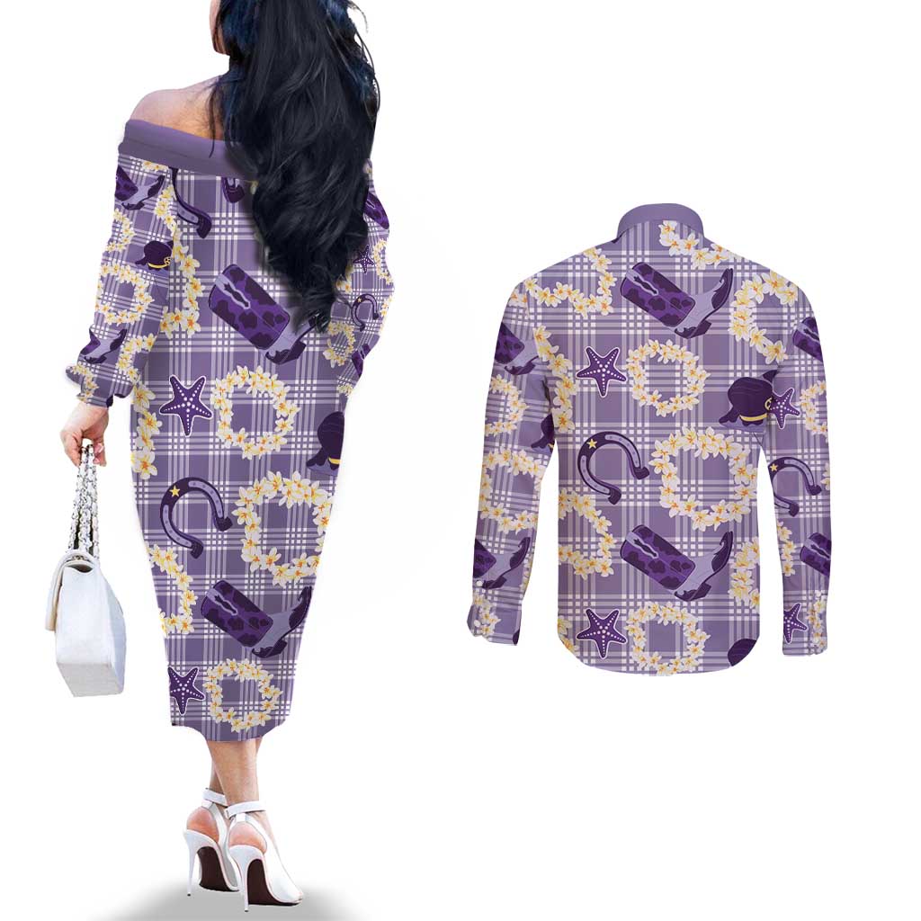 Aloha Hawaii Paniolo Lavender Palaka Couples Matching Off The Shoulder Long Sleeve Dress and Long Sleeve Button Shirt Coastal Rodeo - Polynesian Pride