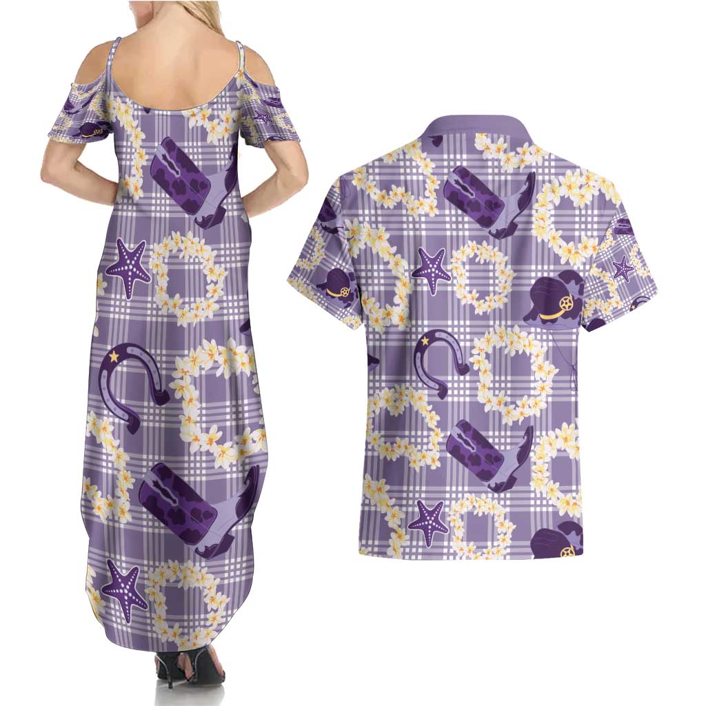 Aloha Hawaii Paniolo Lavender Palaka Couples Matching Summer Maxi Dress and Hawaiian Shirt Coastal Rodeo - Polynesian Pride