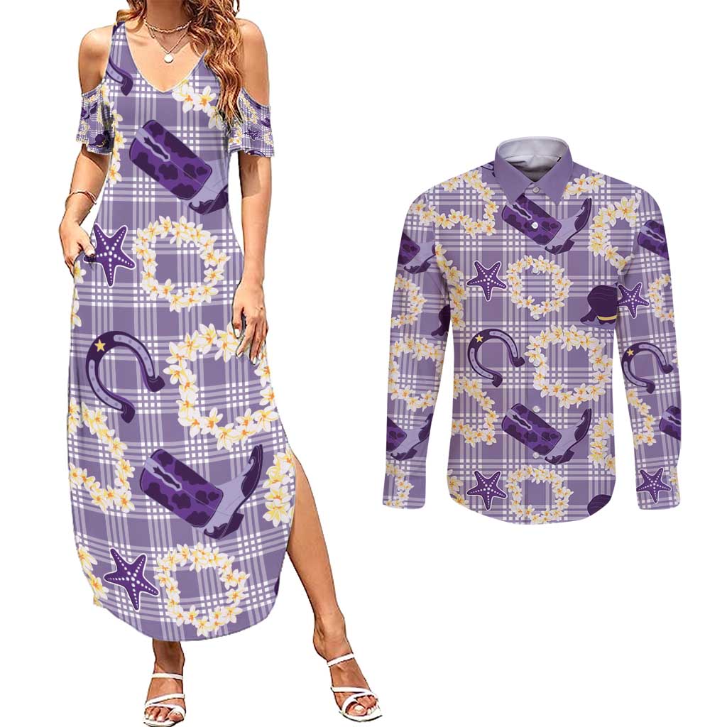 Aloha Hawaii Paniolo Lavender Palaka Couples Matching Summer Maxi Dress and Long Sleeve Button Shirt Coastal Rodeo - Polynesian Pride