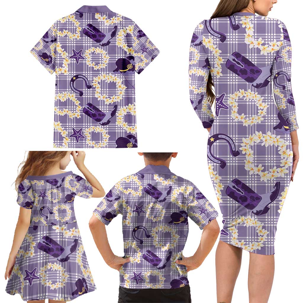 Aloha Hawaii Paniolo Lavender Palaka Family Matching Long Sleeve Bodycon Dress and Hawaiian Shirt Coastal Rodeo - Polynesian Pride