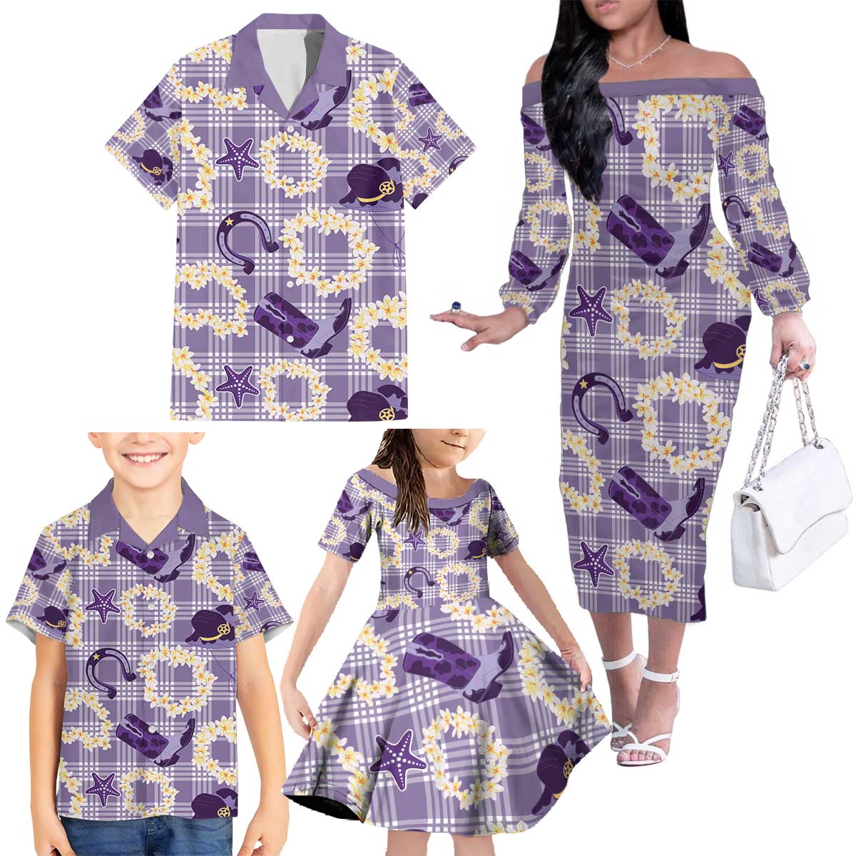 Aloha Hawaii Paniolo Lavender Palaka Family Matching Off The Shoulder Long Sleeve Dress and Hawaiian Shirt Coastal Rodeo - Polynesian Pride