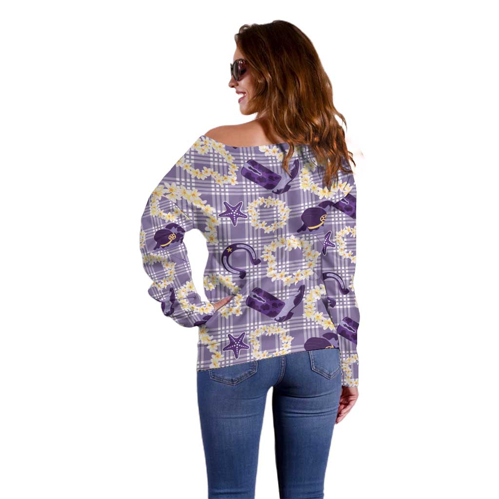 Aloha Hawaii Paniolo Lavender Palaka Off Shoulder Sweater Coastal Rodeo - Polynesian Pride
